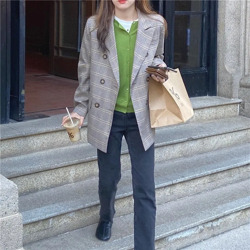 Vintage Autumn Notched Collar Plaid Blazer Breasted Jacket #9120