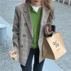 Vintage Autumn Notched Collar Plaid Blazer Breasted Jacket #9120