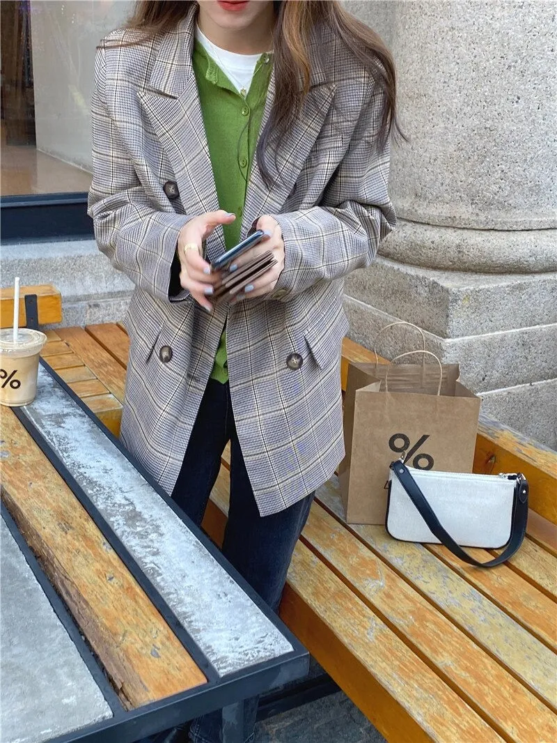 Vintage Autumn Notched Collar Plaid Blazer Breasted Jacket #9120