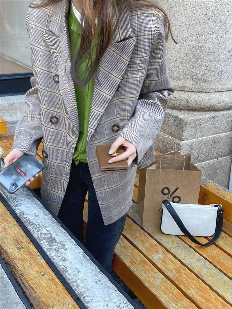 Vintage Autumn Notched Collar Plaid Blazer Breasted Jacket #9120