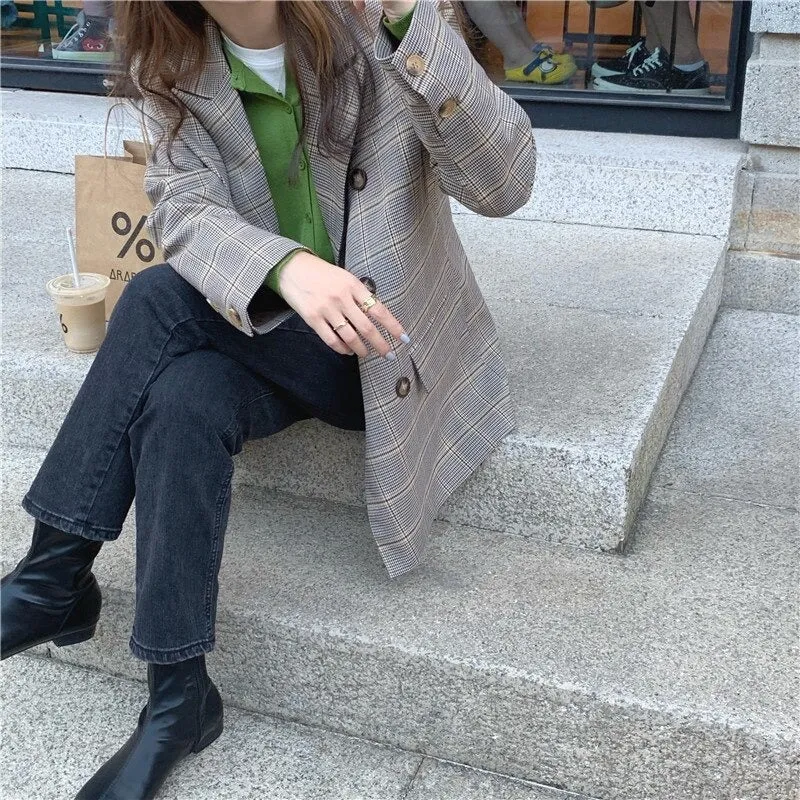 Vintage Autumn Notched Collar Plaid Blazer Breasted Jacket #9120