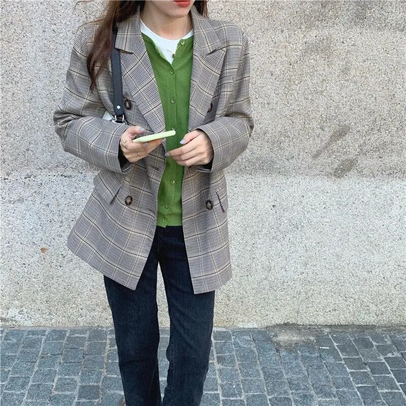 Vintage Autumn Notched Collar Plaid Blazer Breasted Jacket #9120
