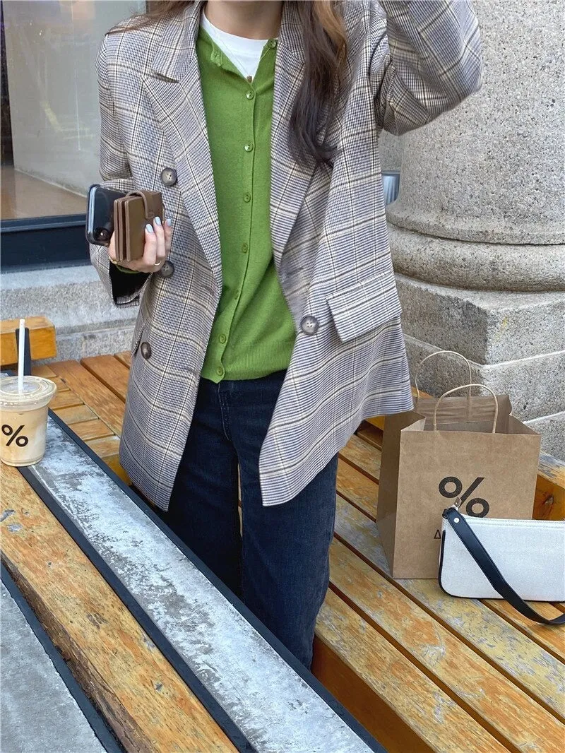 Vintage Autumn Notched Collar Plaid Blazer Breasted Jacket #9120