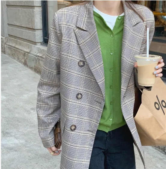 Vintage Autumn Notched Collar Plaid Blazer Breasted Jacket #9120