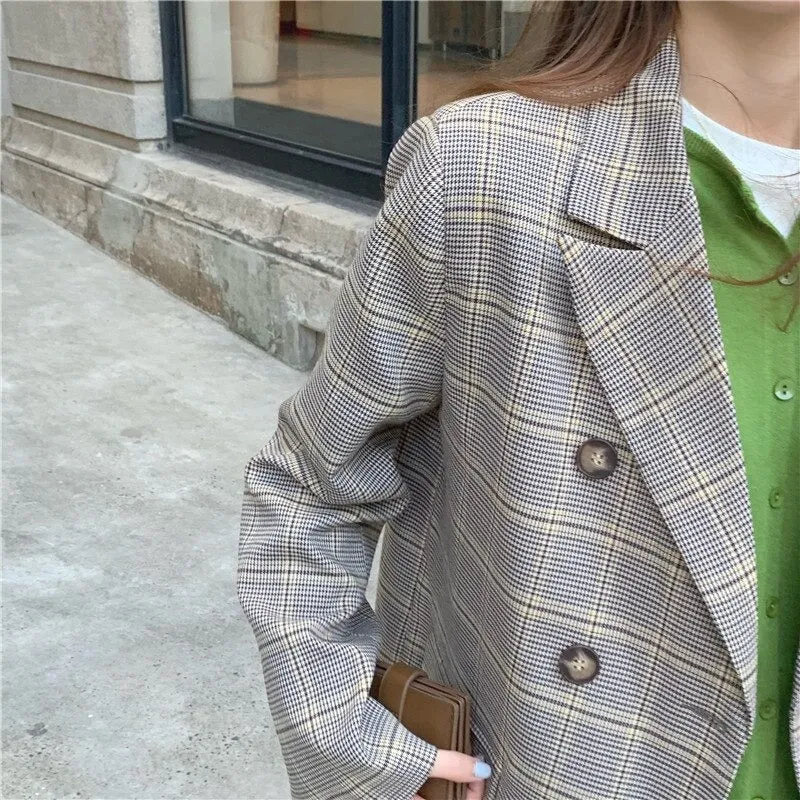 Vintage Autumn Notched Collar Plaid Blazer Breasted Jacket #9120