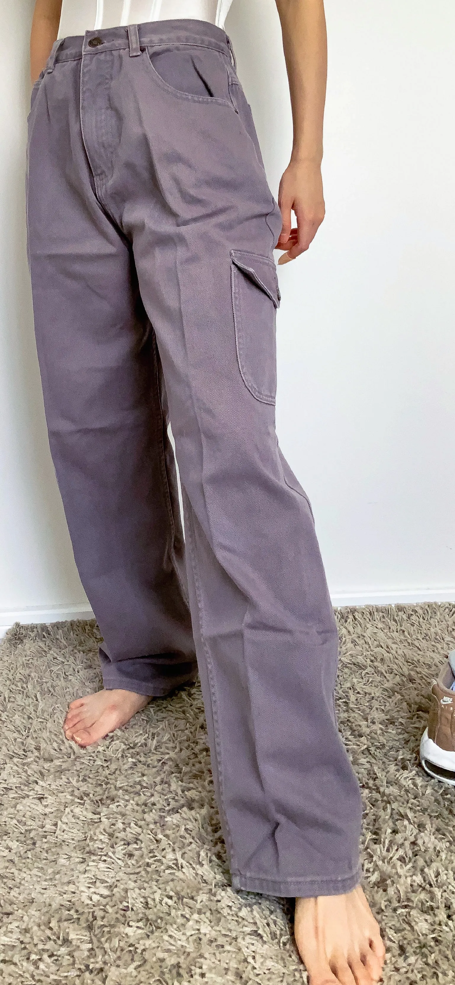 VINTAGE GREY SIDE POCKETS HIGH WAISTED CARGO PANTS TROUSERS