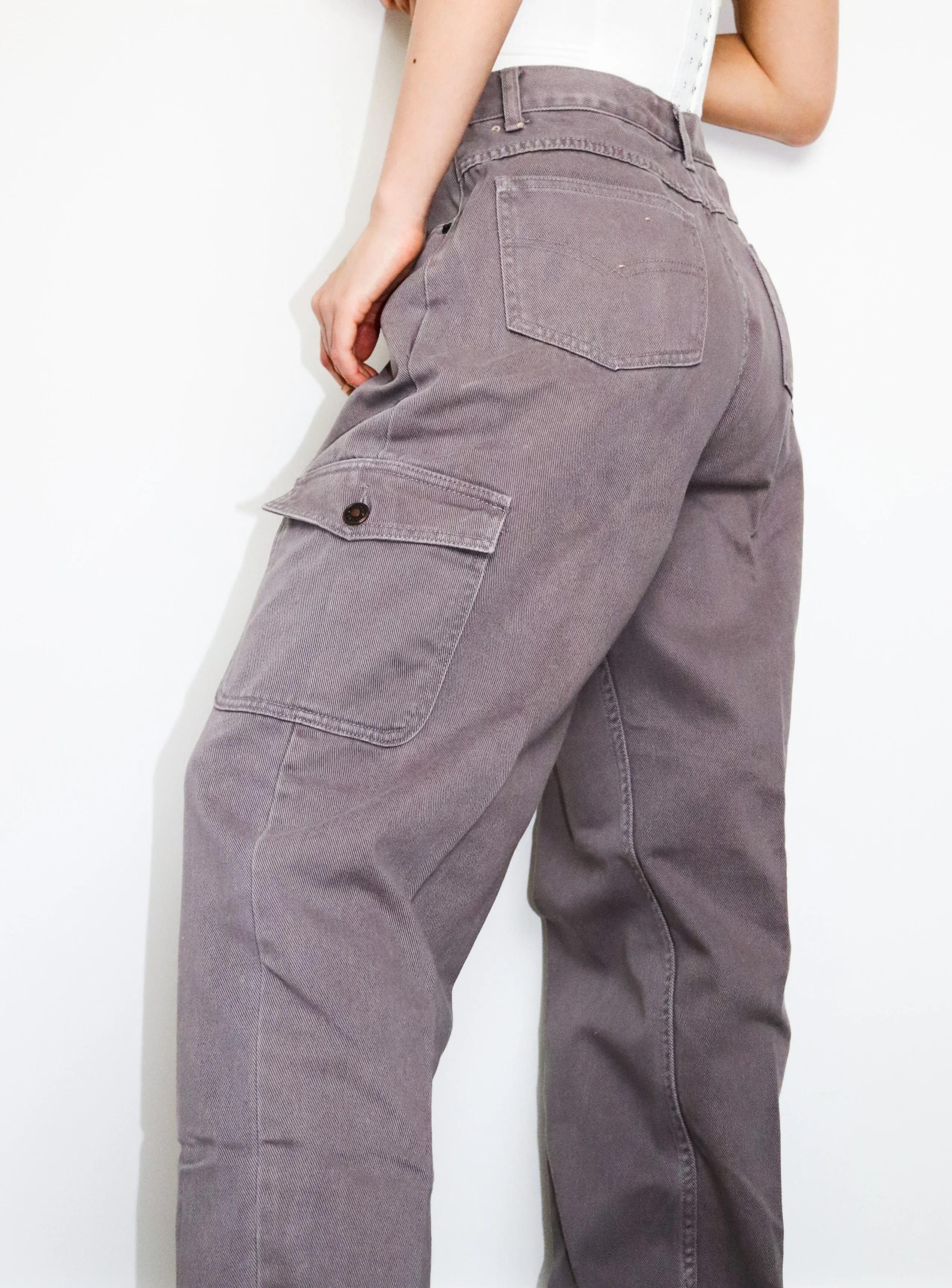 VINTAGE GREY SIDE POCKETS HIGH WAISTED CARGO PANTS TROUSERS