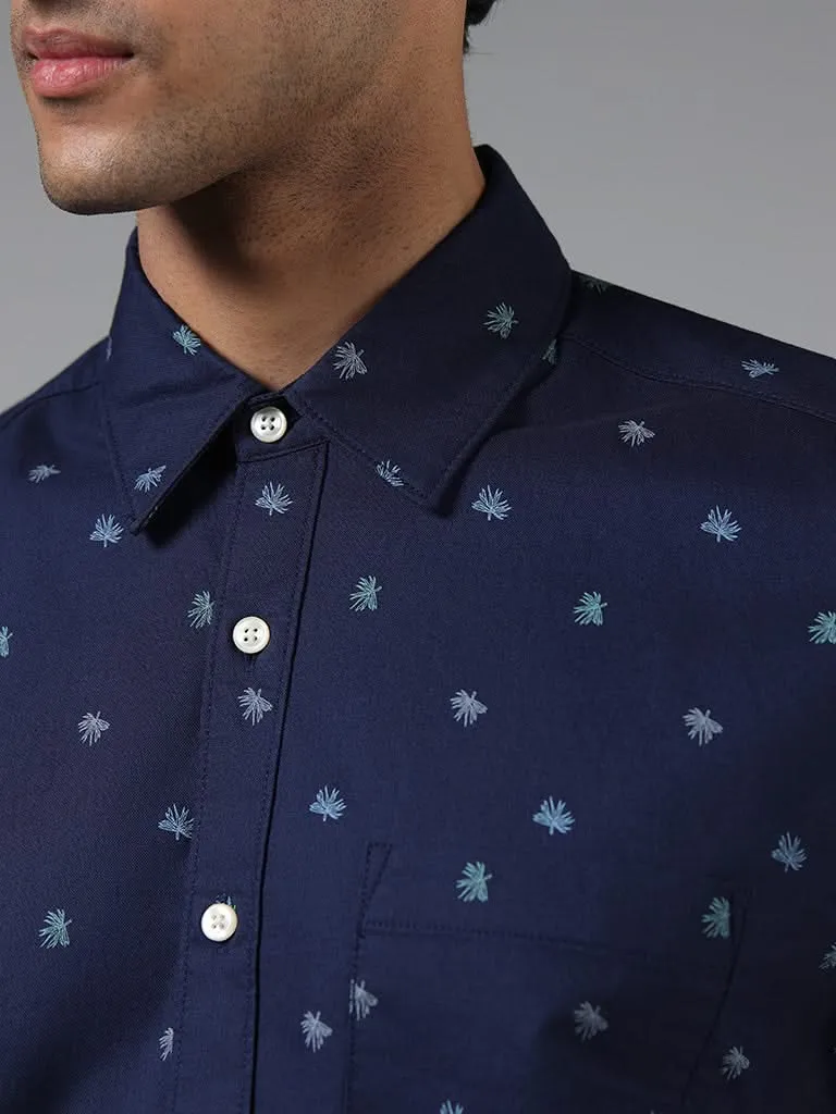 WES Casuals Navy Leaf Printed Cotton Relaxed-Fit Shirt