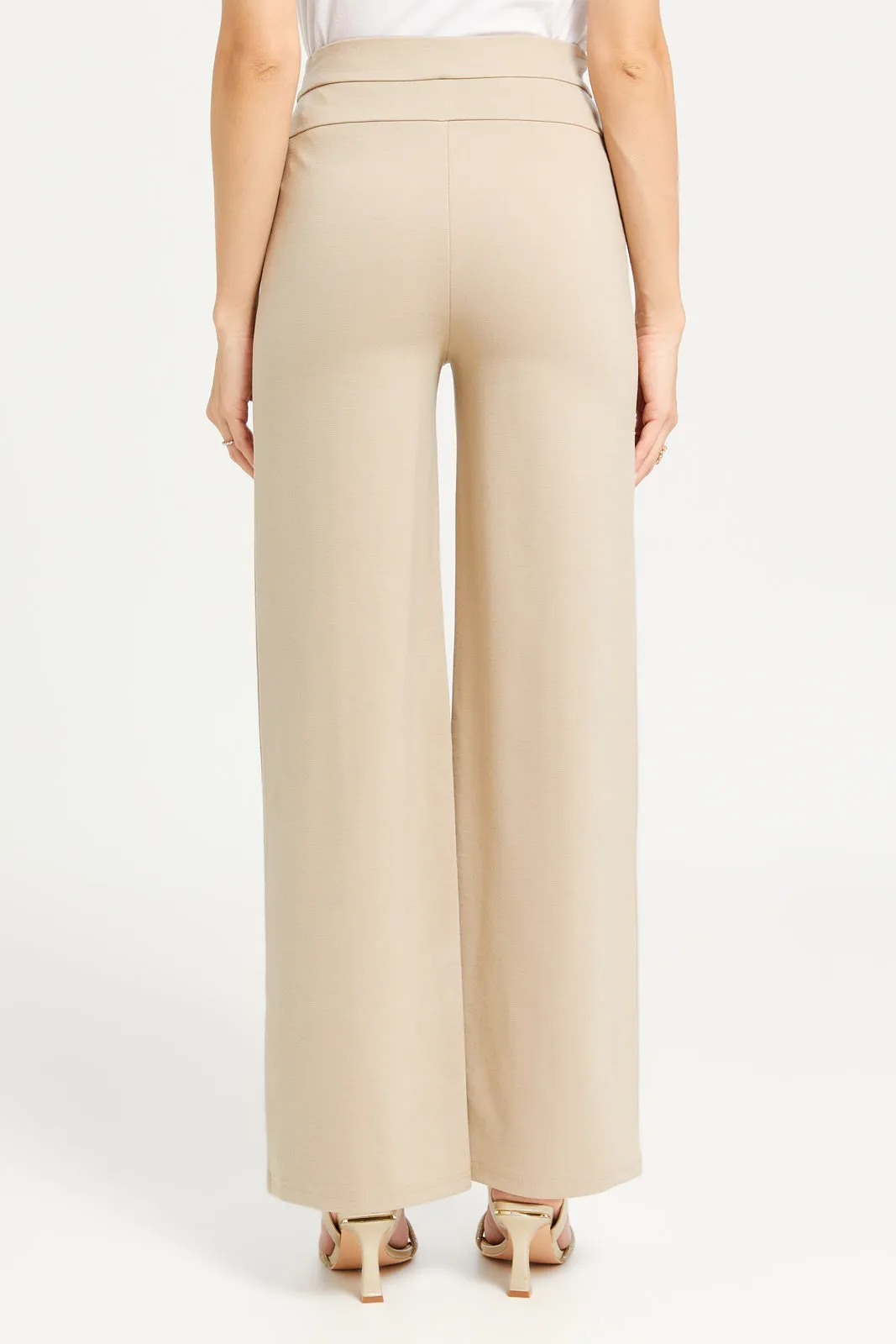 Women Beige High Waisted Wide Leg Trousers