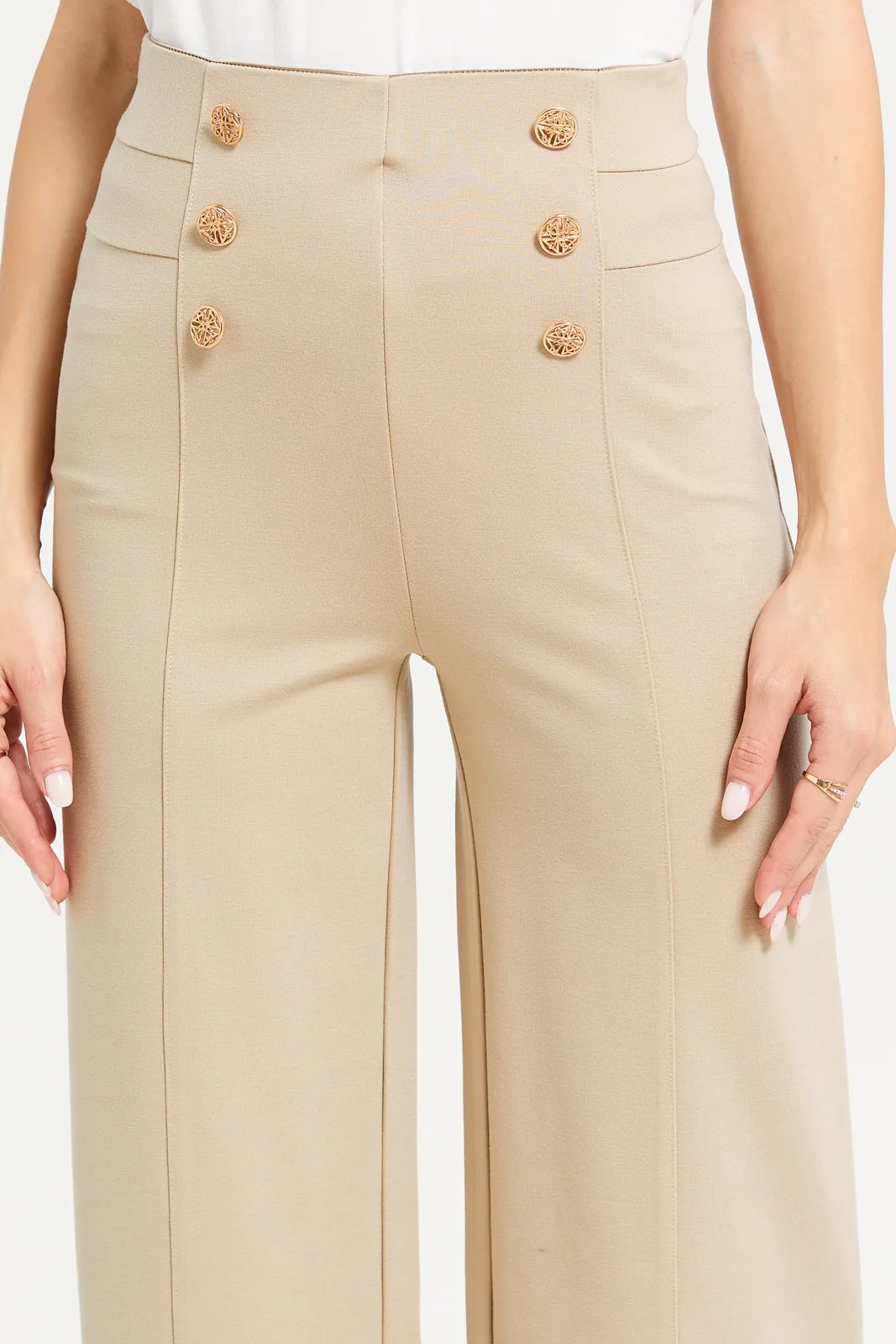 Women Beige High Waisted Wide Leg Trousers