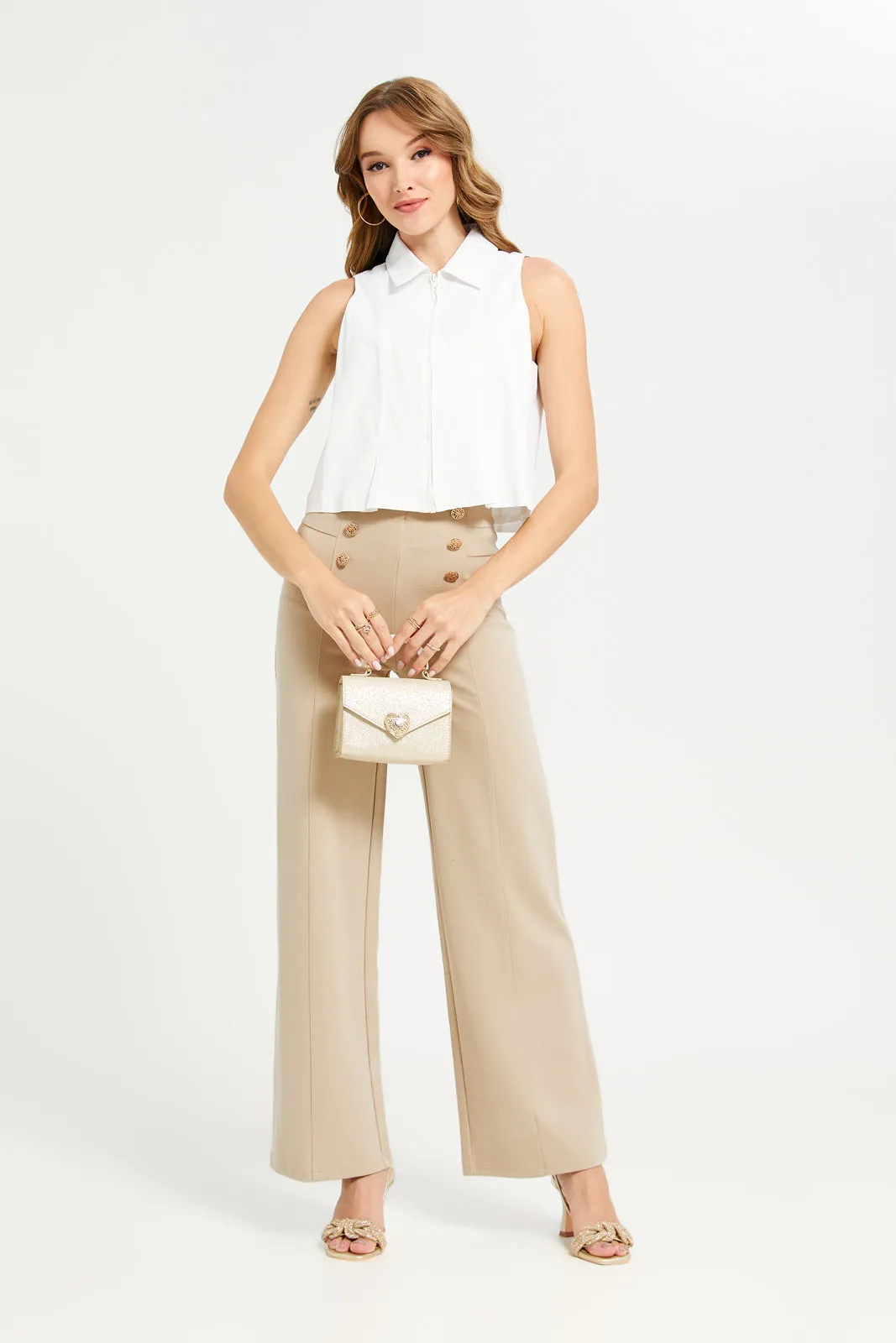 Women Beige High Waisted Wide Leg Trousers