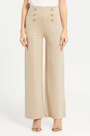 Women Beige High Waisted Wide Leg Trousers
