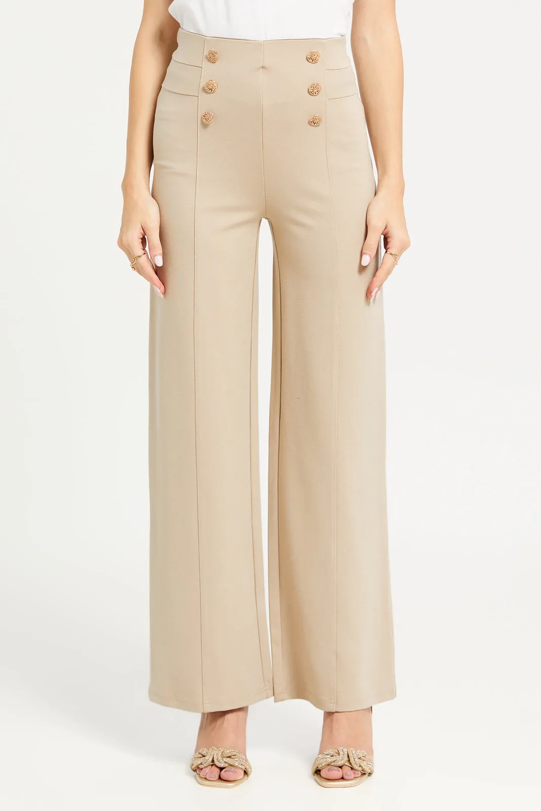Women Beige High Waisted Wide Leg Trousers