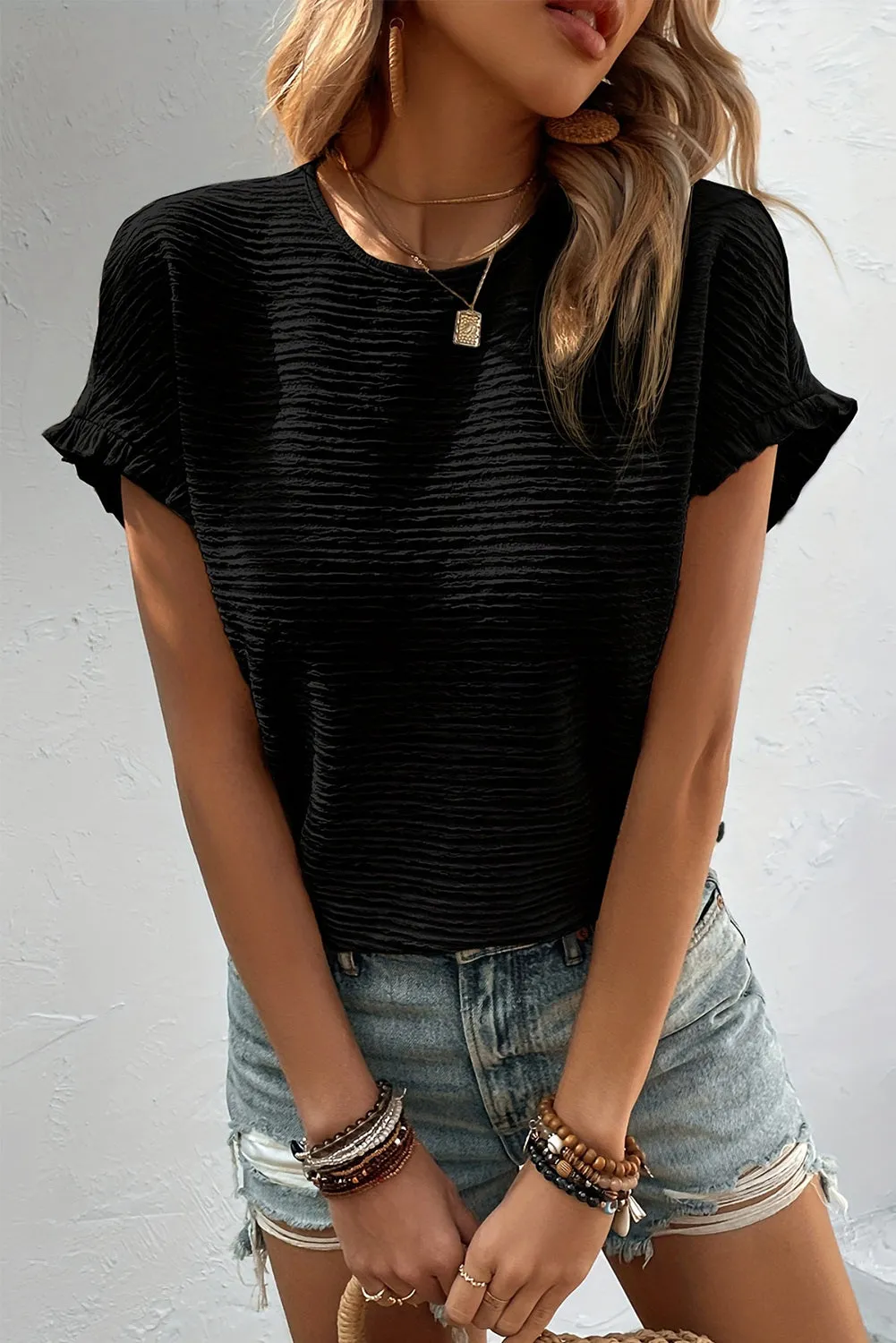 Women Solid Textured Ruffled Short Sleeve Blouse Crew Neck T Shirt