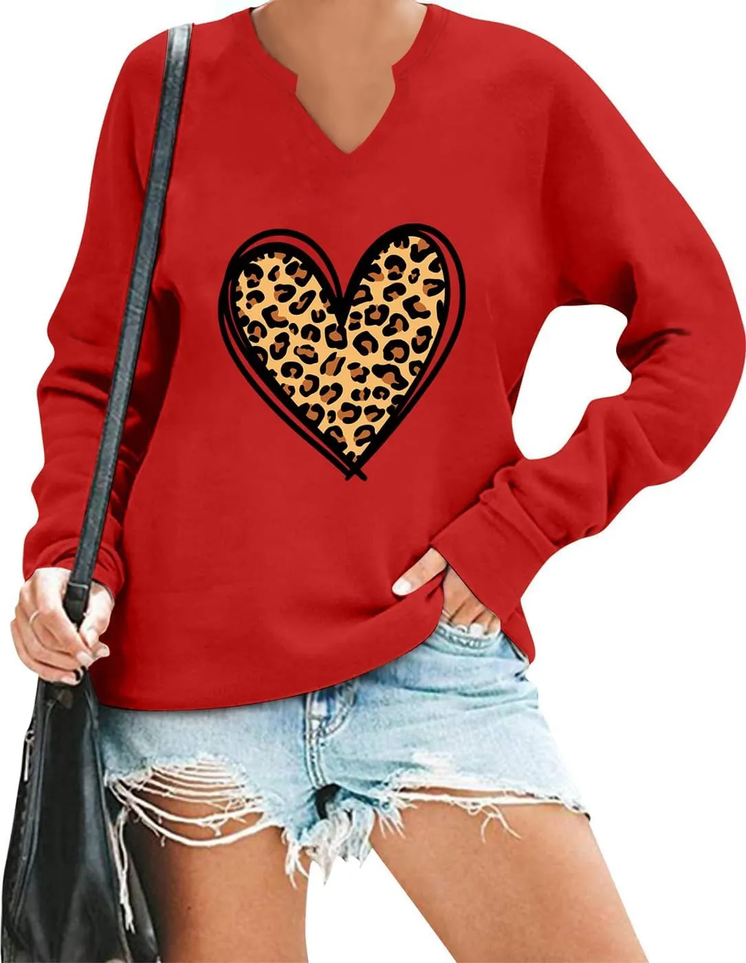 Ymoshoe Women V-Neck Valentine Sweatshirt Love Heart Elbow Patch Shirts Gift for Her