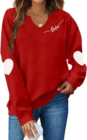 Ymoshoe Women V-Neck Valentine Sweatshirt Love Heart Elbow Patch Shirts Gift for Her