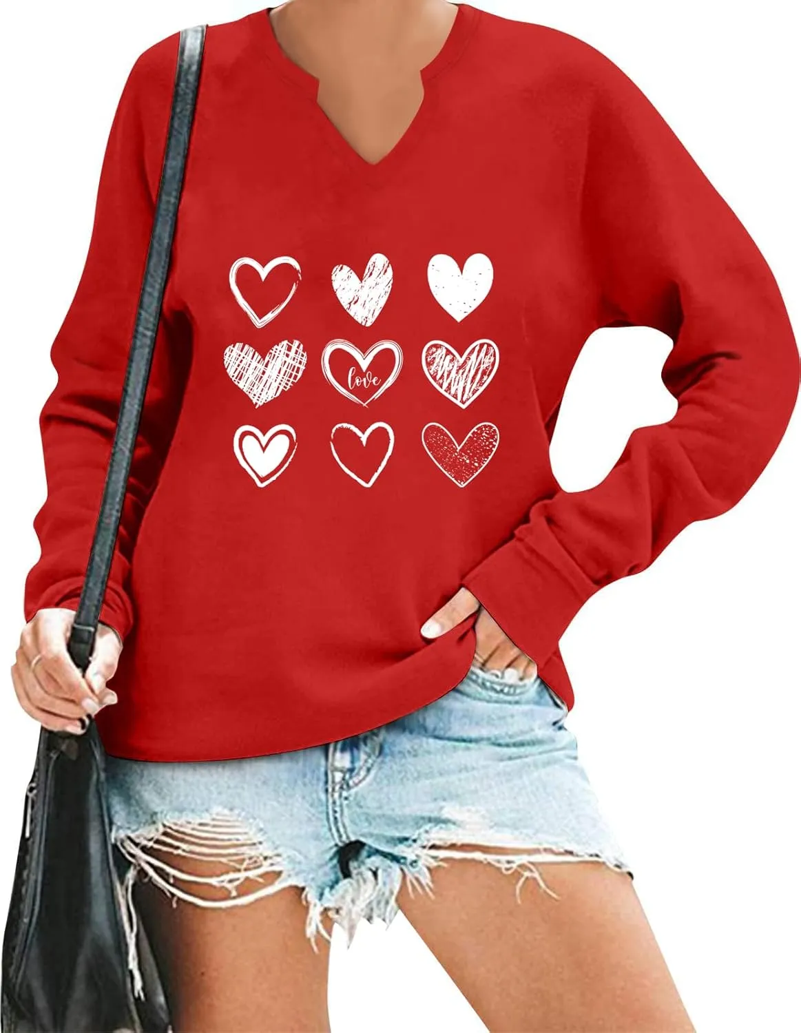 Ymoshoe Women V-Neck Valentine Sweatshirt Love Heart Elbow Patch Shirts Gift for Her