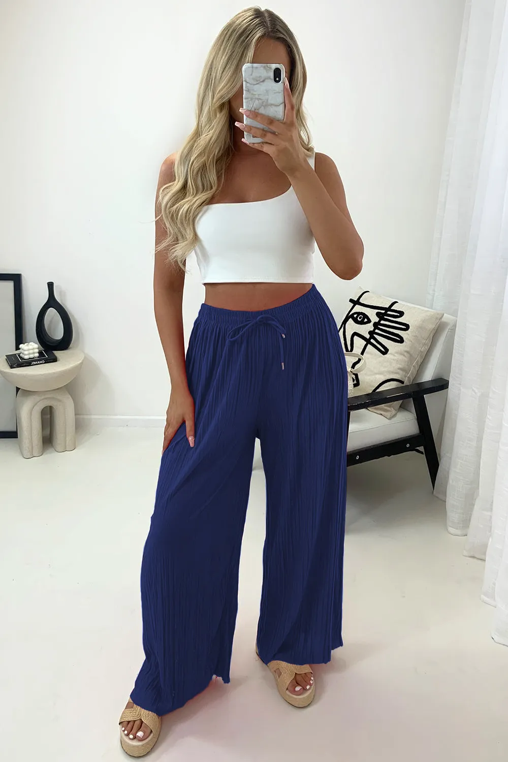 Zoelle Royal Blue Pleated Plisse High Waisted Wide Leg Trousers