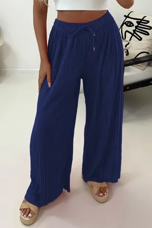 Zoelle Royal Blue Pleated Plisse High Waisted Wide Leg Trousers